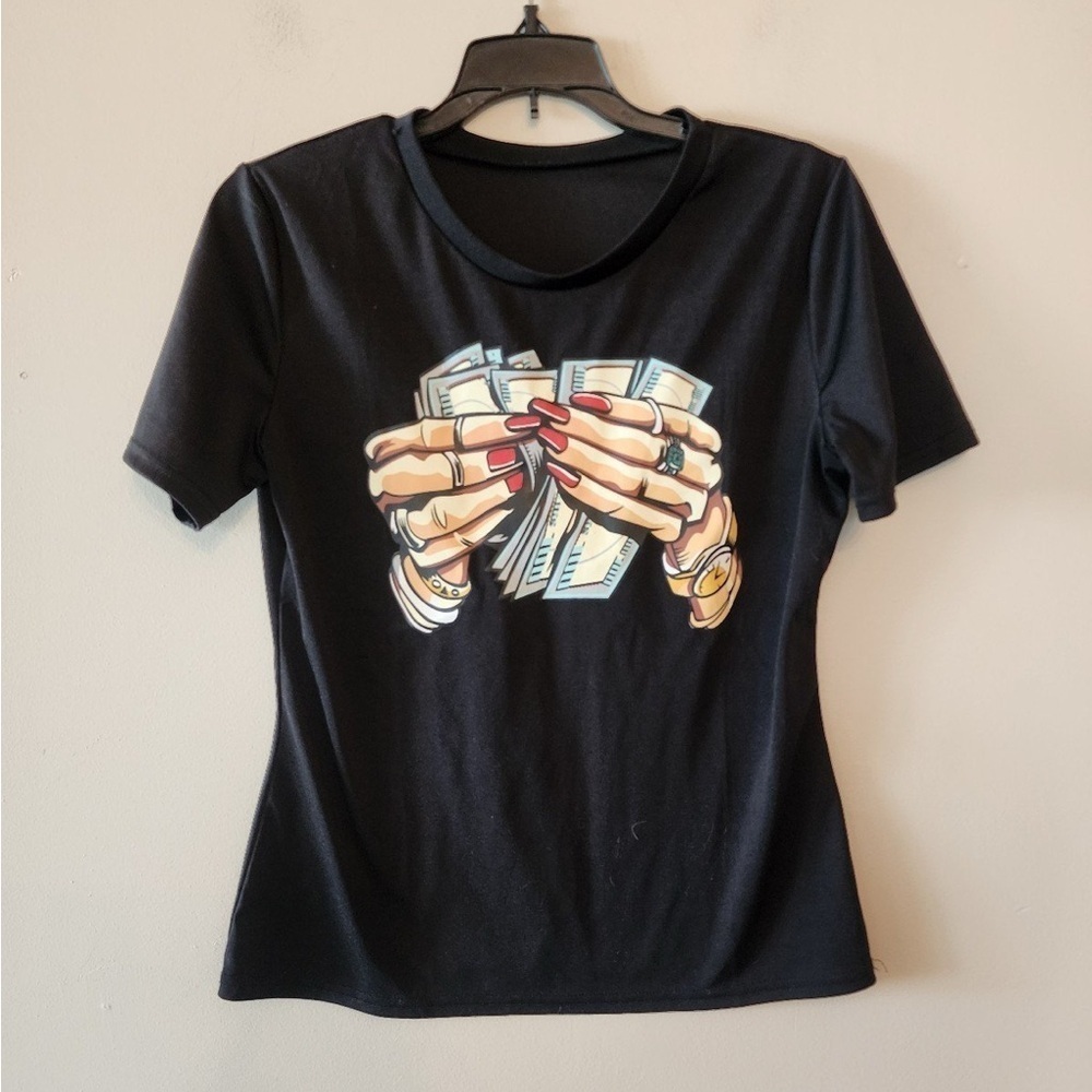 Womens black shirt with hands holding money size medium